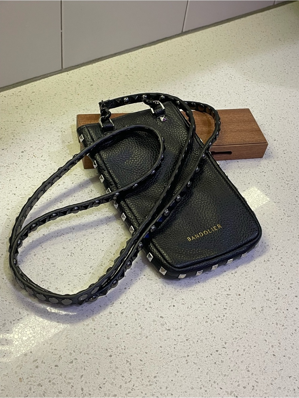 Bandolier Black Studded Leather Crossbody mini bag purse cell phone case - Picture 12 of 16